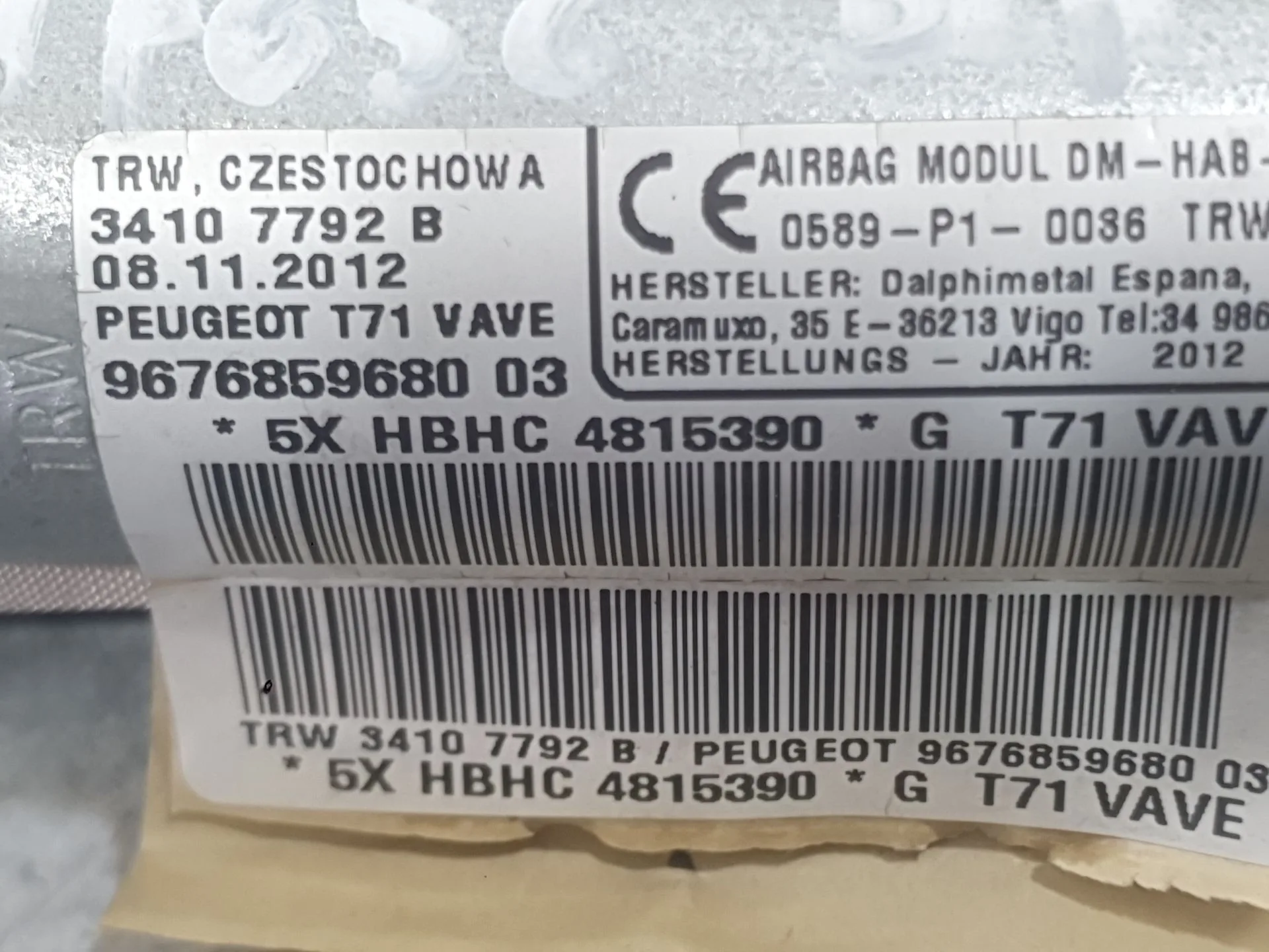 Airbag Cortina Delantero Derecho para Peugeot 308 I (4A_, 4C_)