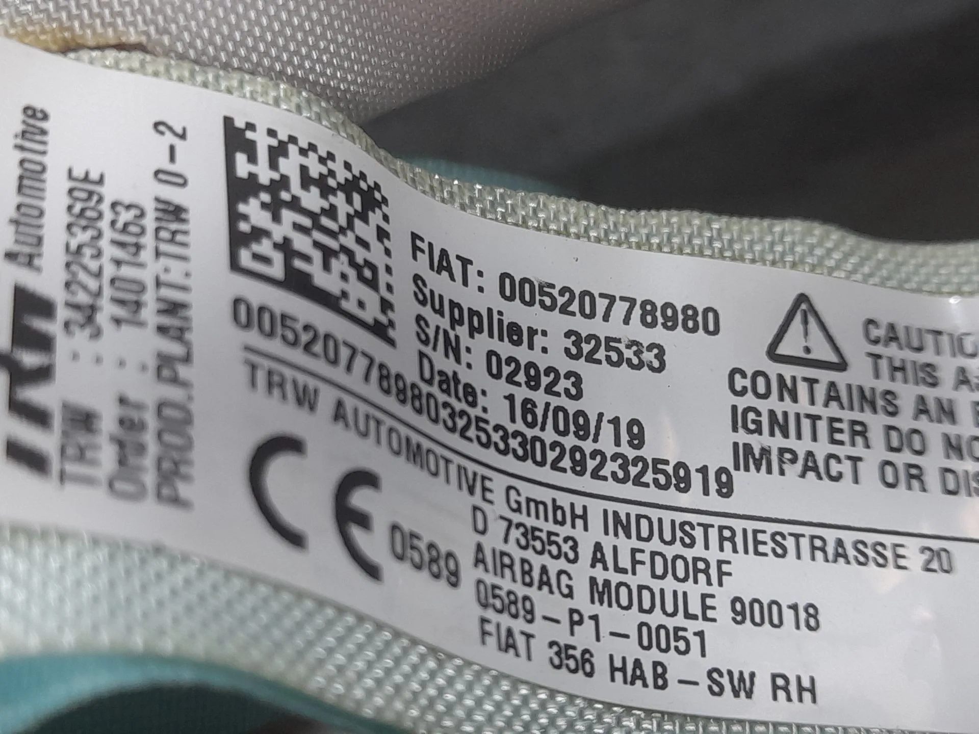 Airbag Cortina Delantero Derecho para Fiat Tipo Hatchback (356_, 357_)