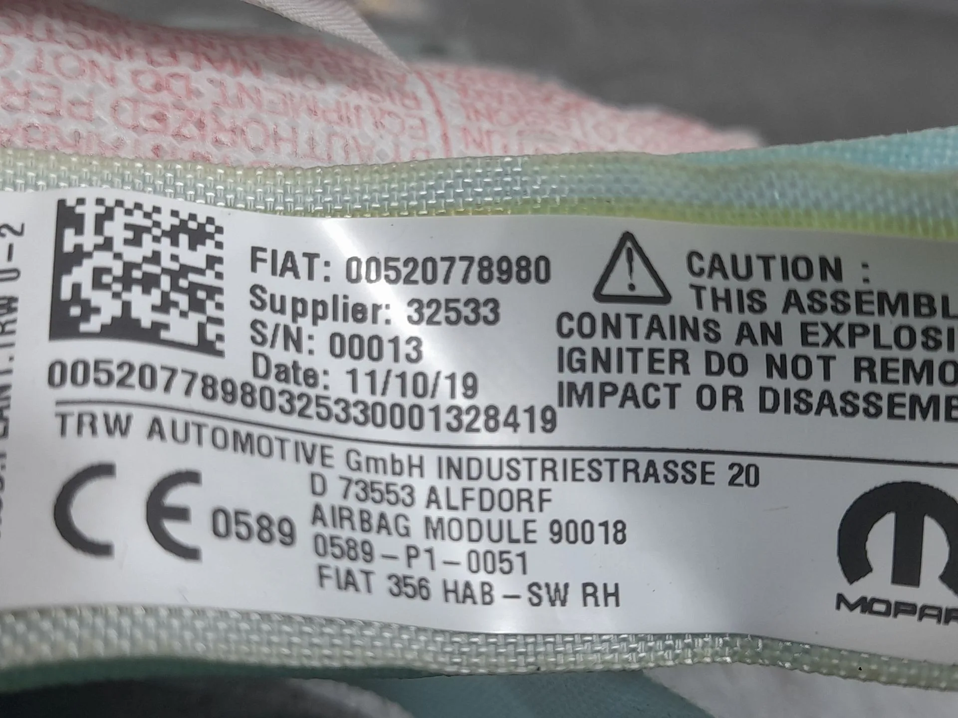Airbag Cortina Delantero Derecho para Fiat Tipo Hatchback (356_, 357_)