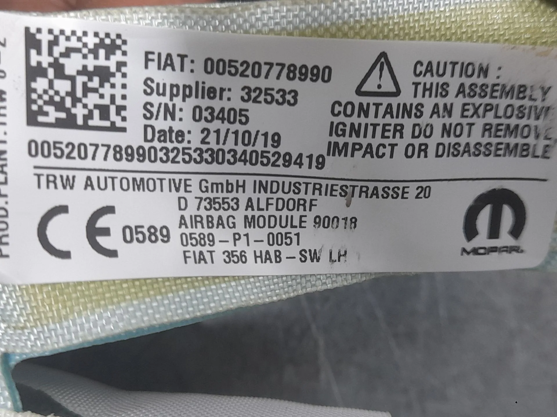 Airbag Cortina Delantero Izquierdo para Fiat Tipo Hatchback (356_, 357_)