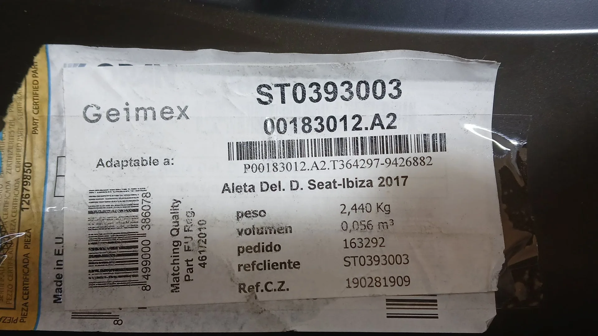 Aleta Delantera Derecha para Seat Ibiza V (Kj1, Kjg)