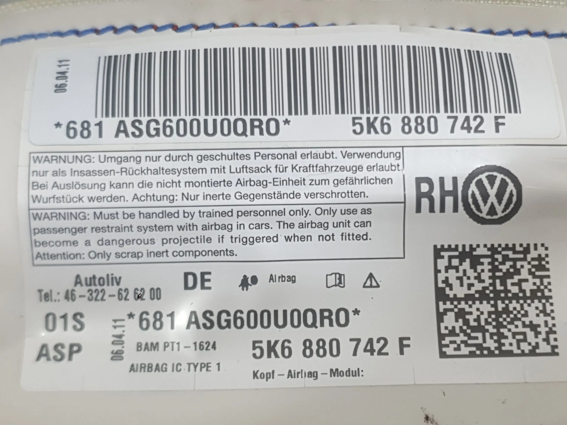 Airbag Cortina Delantero Derecho para Volkswagen Golf Vi (5K1)