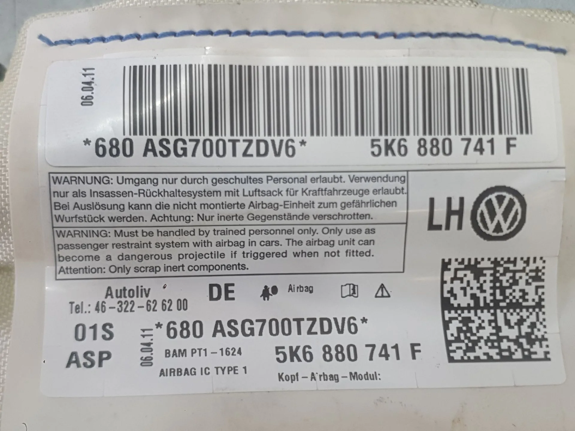Airbag Cortina Delantero Izquierdo para Volkswagen Golf Vi (5K1)