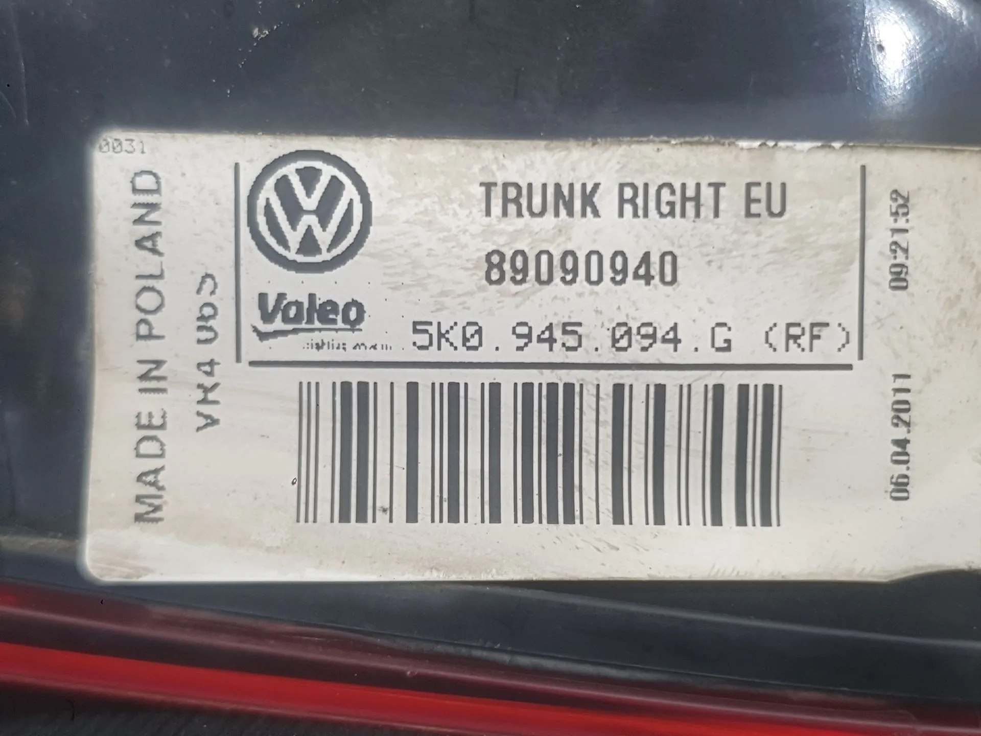 Piloto Trasero Derecho Interior para Volkswagen Golf Vi (5K1)
