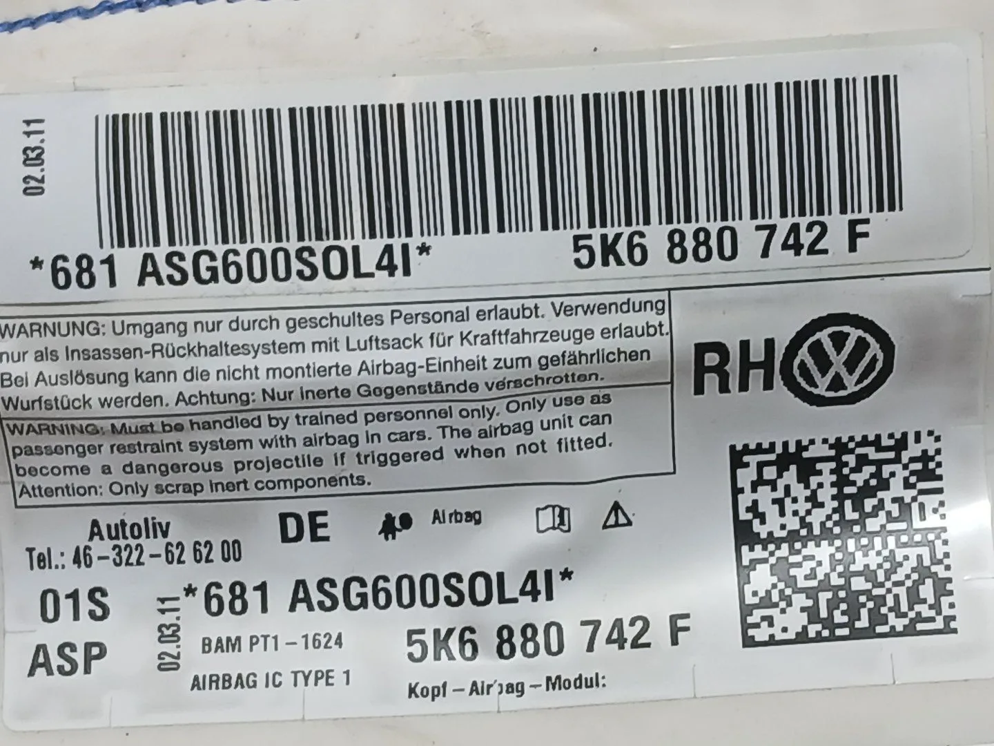 Airbag Cortina Delantero Derecho para Volkswagen Golf Plus V (5M1, 521)