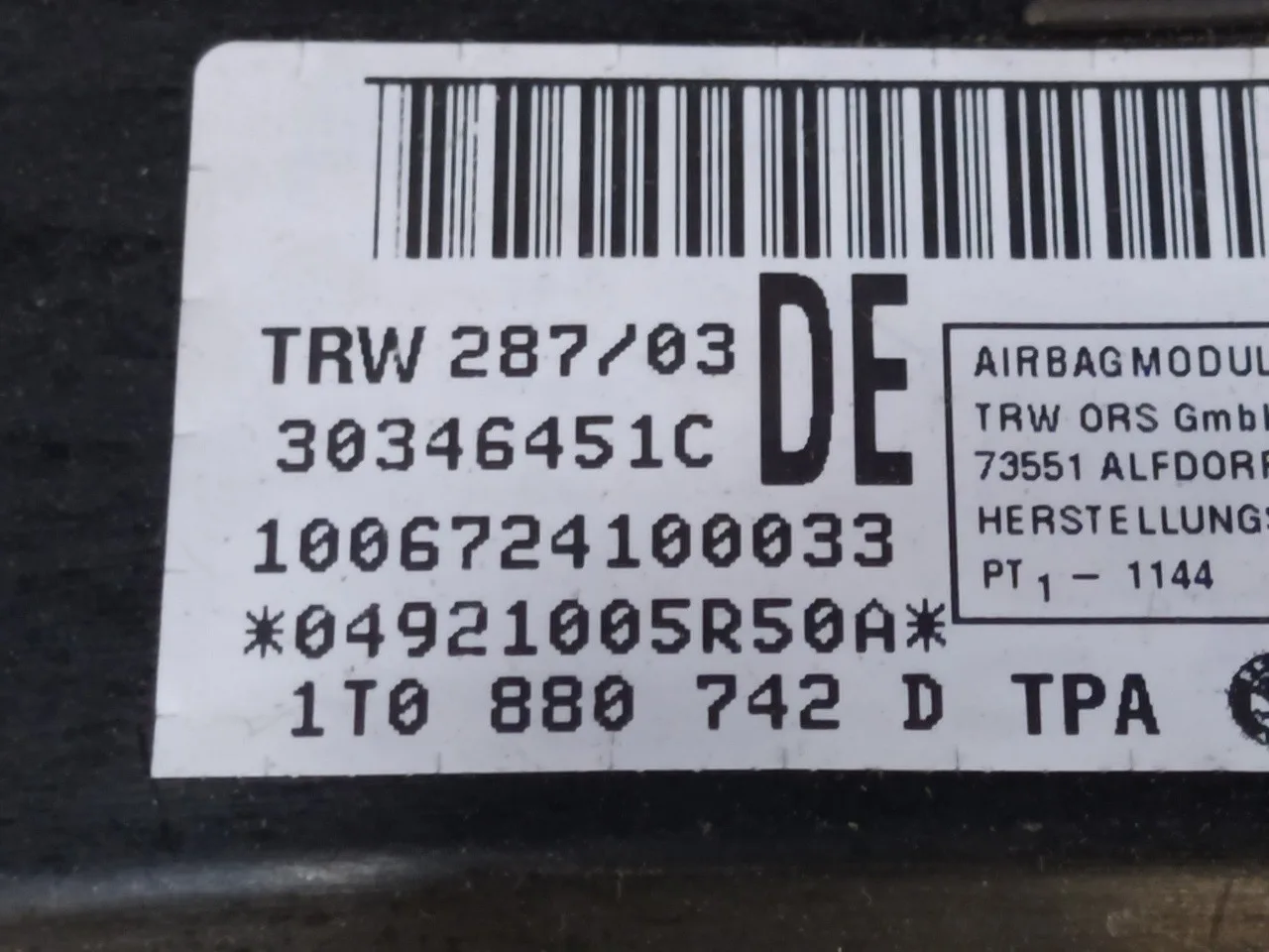 Airbag Cortina Delantero Derecho para Volkswagen Touran (1T1)