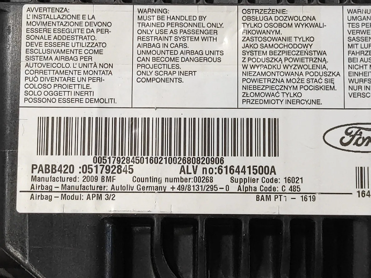 Airbag Delantero Derecho para Ford Ka (Ccu)