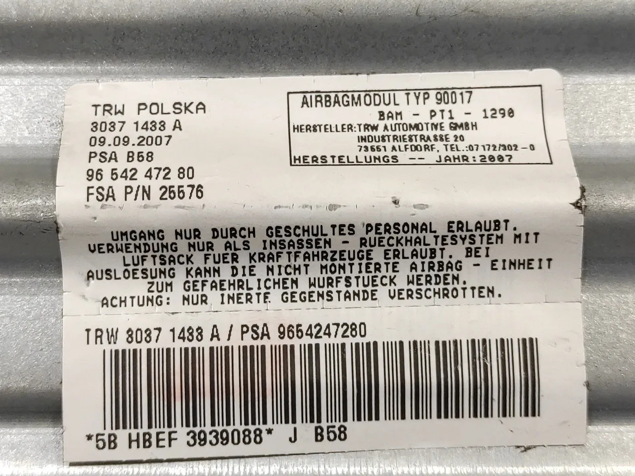 Airbag Delantero Derecho para Citroën C4 Grand Picasso