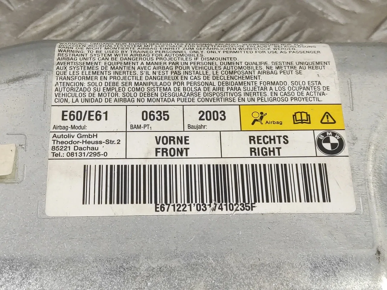 Airbag Lateral Delantero Derecho para Bmw Serie 5 Berlina (E60)