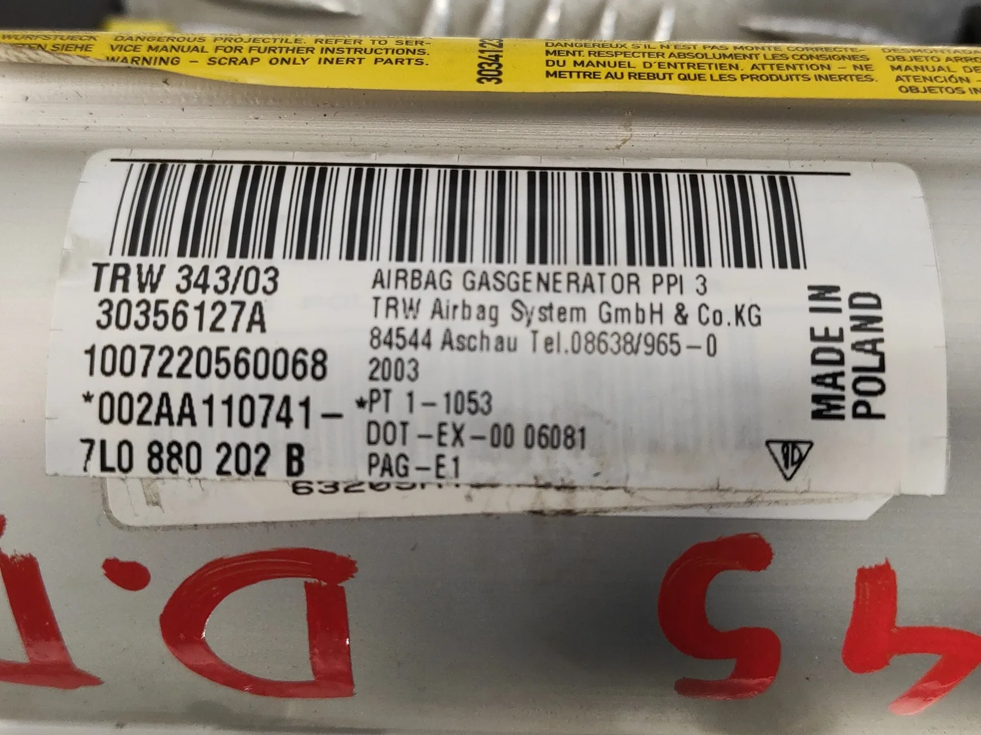 Airbag Delantero Derecho para Porsche Cayenne (Typ 9Pa)