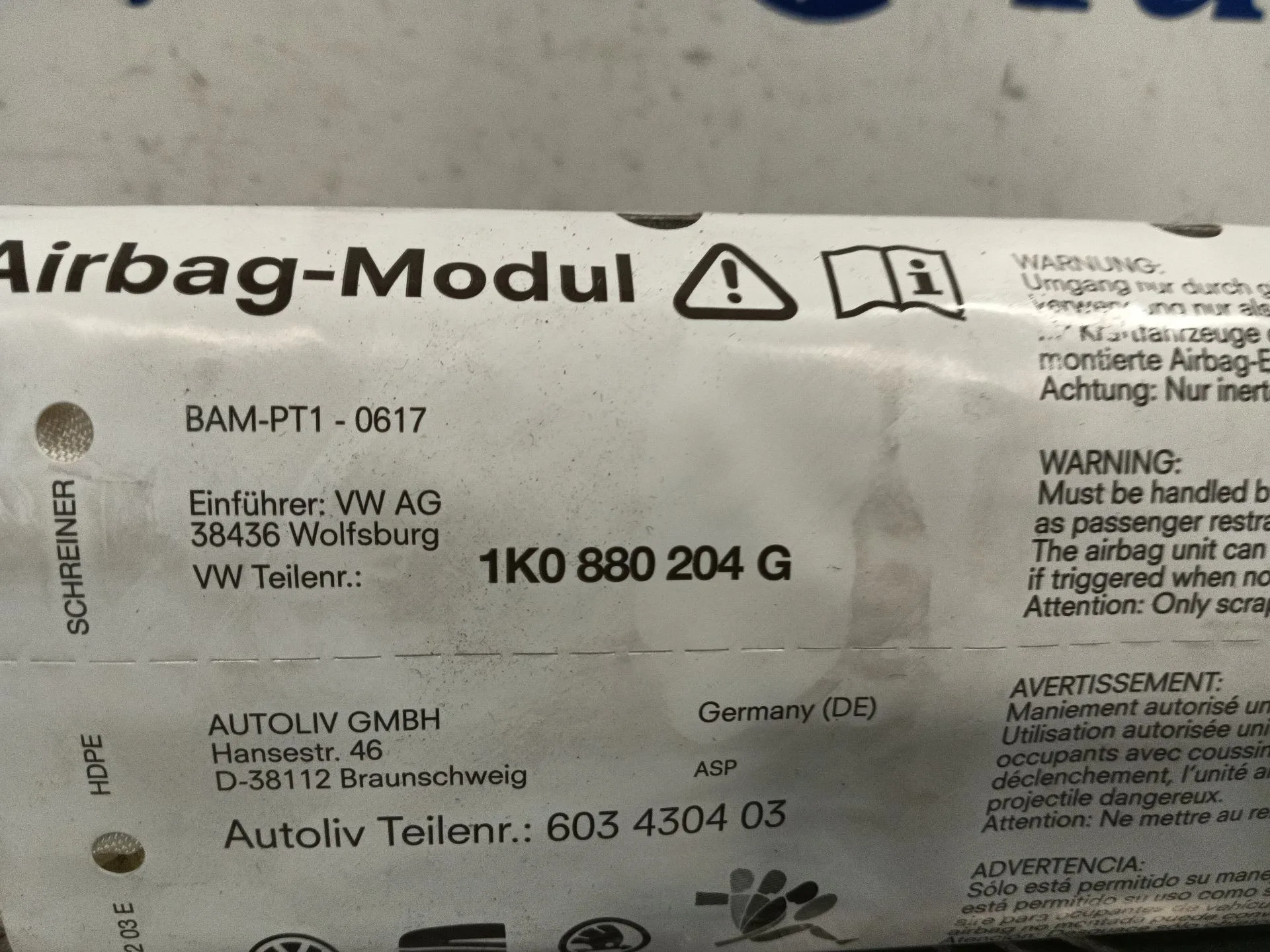 Airbag Delantero Derecho para Volkswagen Golf V (1K1)