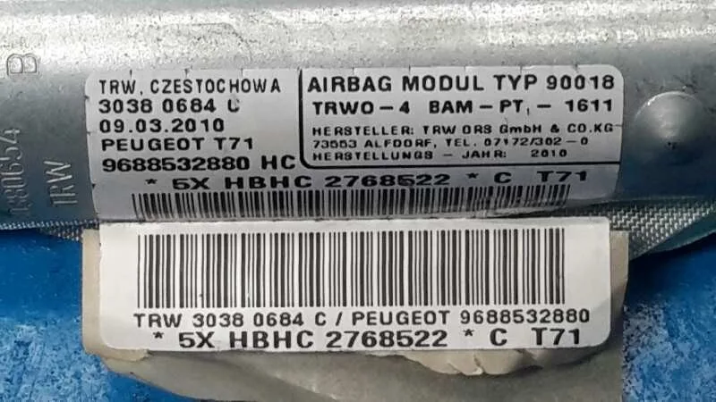 Airbag Cortina Delantero Derecho para Peugeot 308