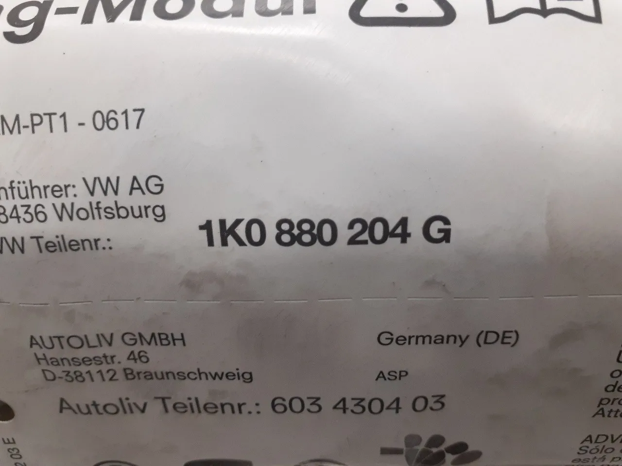 Airbag Delantero Derecho para Volkswagen Golf V Berlina (1K1)